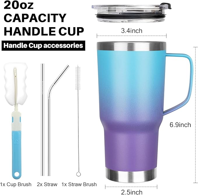 20 oz Tumbler with Handle, Stainless Steel Insulated Tumbler with Lid and Straw, Double Wall Vacuum Coffee Mug Tumbler, Insulated Coffee Thermal Cup for Cold and Hot (Blue Purple, 20 Ounces)