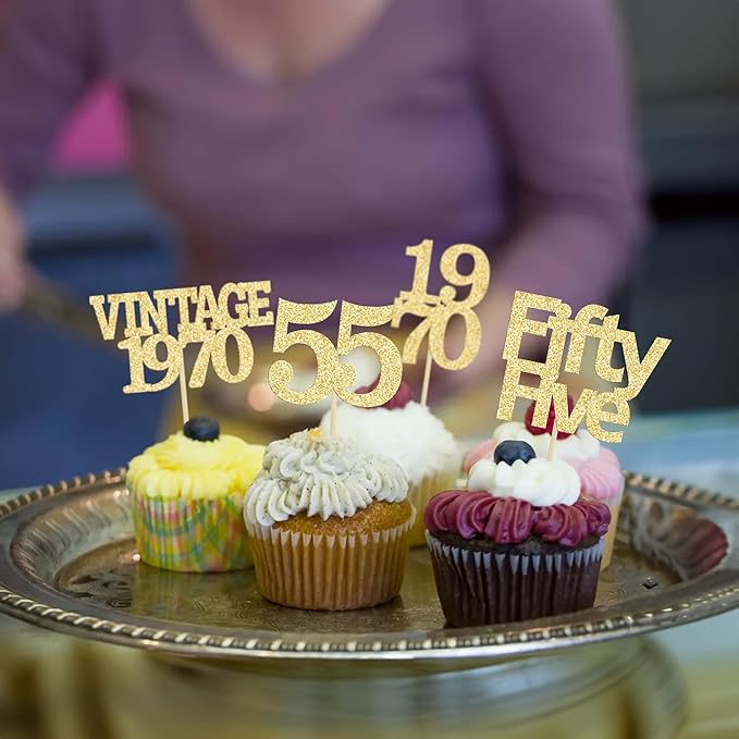 Gyufise 24Pcs 55th Birthday Cupcake Toppers Glitter Cheers to 55 Fabulous Fifty Five Vintage 1970 Cupcake Picks 55th Birthday Wedding Anniversary Party Cake Decorations Supplies Gold