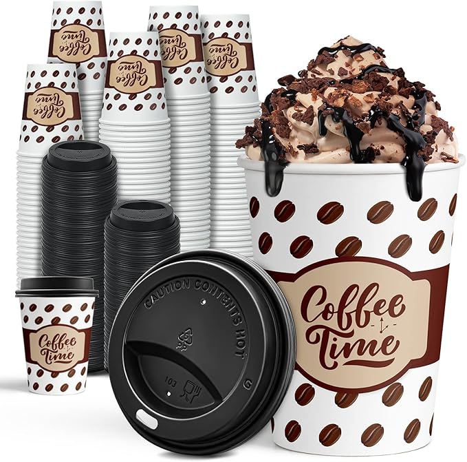 Ginkgo Coffee Cups with Lids 12 oz, 100 Pack Disposable To Go Coffee Cups for Cappuccino, Hot Beverages, Coffee, Cocoa, Chocolate - Coffee Time