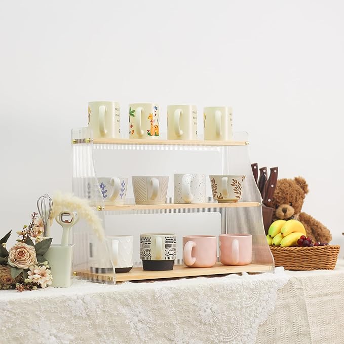 Coffee Mug Holder Wooden Cup Rack,3-Tier Acrylic Home Coffee Mug Display Rack for Kitchen Countertops, Coffee Bars, for Placing Mugs, Coffee Beans, Syrup, Cups, Stirrers ﻿
