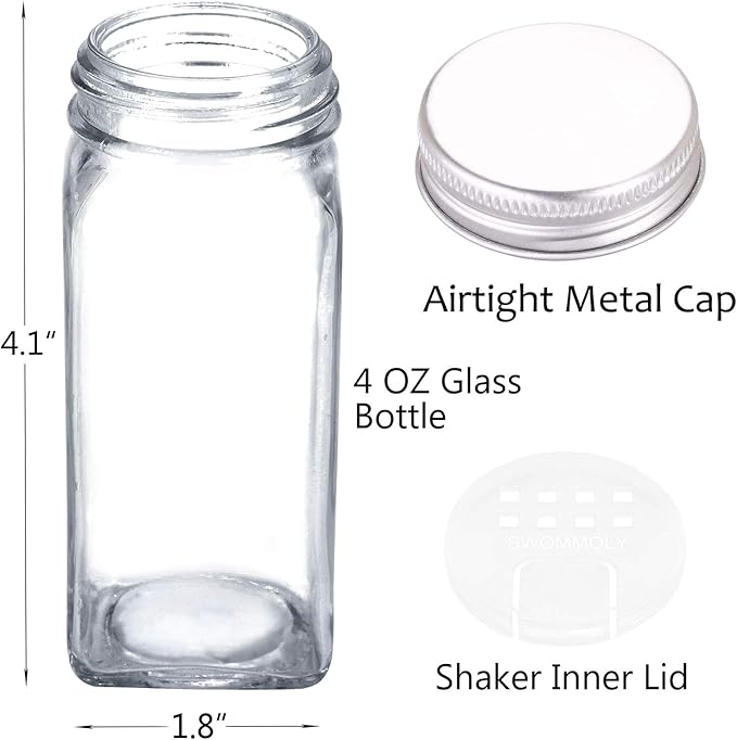 SWOMMOLY 42 Glass Spice Jars with 703 Spice Labels, Chalk Marker and Funnel Complete Set. 42 Square Glass Jars 4oz, Airtight Cap, Pour/sift Shaker Lid