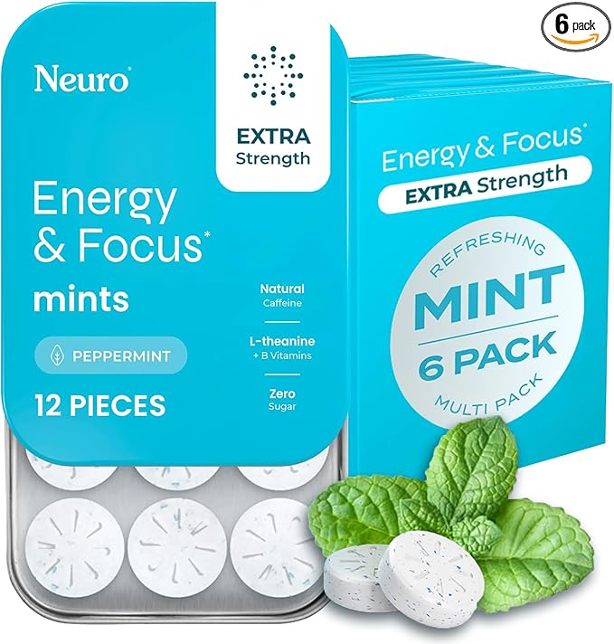 Neuro Energy & Focus Mints, Extra Strength - Sugar Free Breath Mints with 100mg Natural Caffeine, B Vitamins & L-Theanine - Vegan Brain Supplement for Exercise, Study & Daily Focus - Peppermint, 72 ct