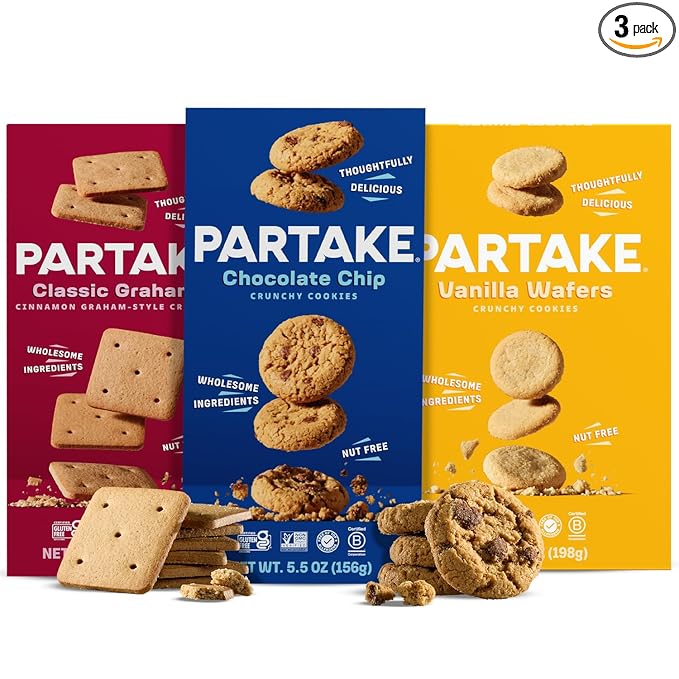 Gluten Free Partake Crunchy Cookie & Cracker Variety Pack (Chocolate Chip, Classic Graham Cracker, Vanilla Wafer) - Vegan - Free From the Top 9 Allergens Including Dairy, Wheat, Soy, Eggs, & Peanuts - Non GMO - Safe School & Office Snack (3 Pack, 5.5oz...