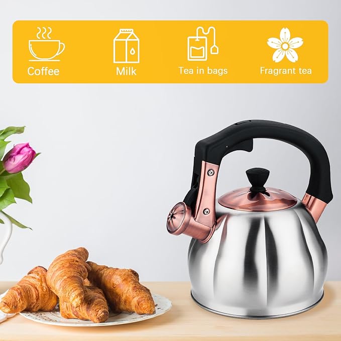 Stainless Steel Tea Kettle for Stove Top Teakettles Stovetop Whistling with Heat Proof Ergonomic Handle 2.5 Quart