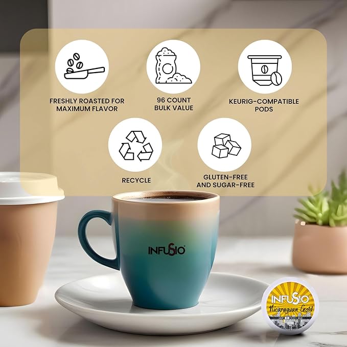 InfuSio Coffee Pods 96 Count Nicaraguan Gold Medium Light Roast Single serve Coffee pods for Keurig K Cup® Brewers - InfuSio Premium Roasted Keurig 2.0 Compatible