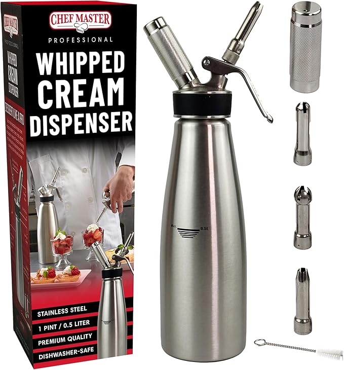 Chef Master (1 Pint / 0.5 Liter) Stainless Steel Whipped Cream Dispenser - Decorating Tips for Desserts, Latte + Cleaning Brush - Whip Cream Dispenser Canister for Home, Bakery or Restaurant - 90078