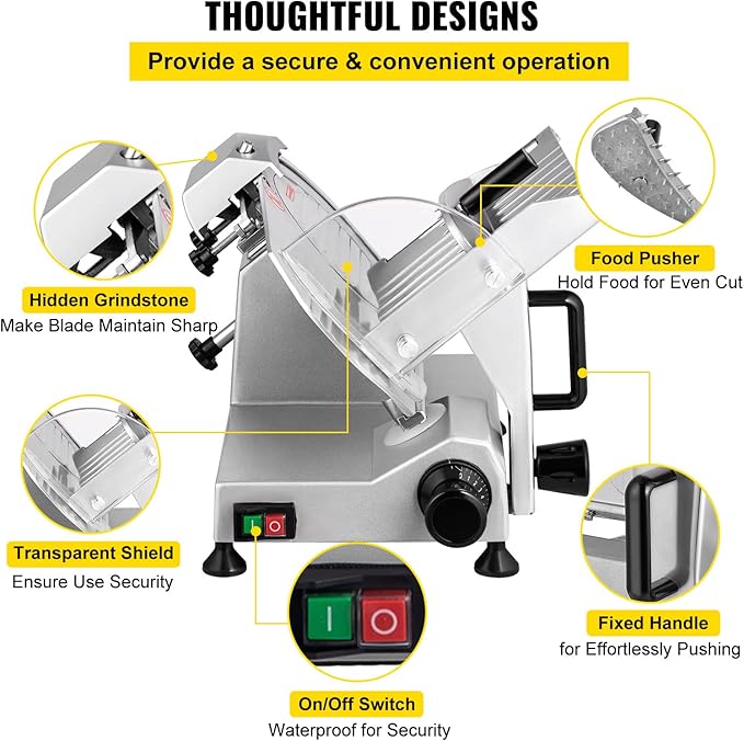 VEVOR Commercial Meat Slicer, 200W Electric Deli Food Slicer, 0-12mm Adjustable Thickness Electric Meat Slicer, 1200RPM Meat Slicer with 8.7'' Chromium-plated Steel Blade for Home & Commercial Use