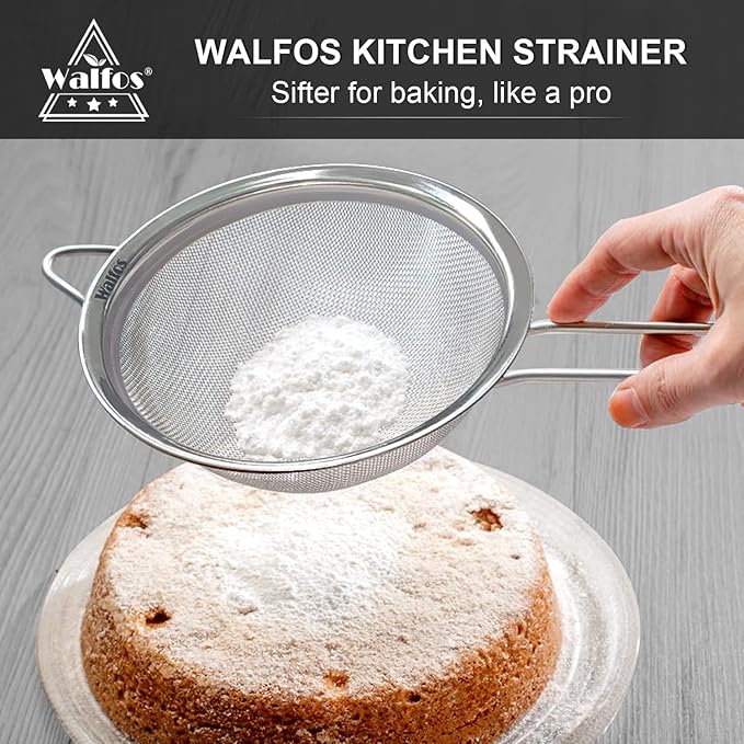 Walfos 7 Inch Fine Mesh Strainers, Premium Stainless Steel Colanders and Sifters, with Reinforced Frame and Sturdy Handle, Perfect for Sift, Strain, Drain and Rinse Vegetables, Pastas and Tea