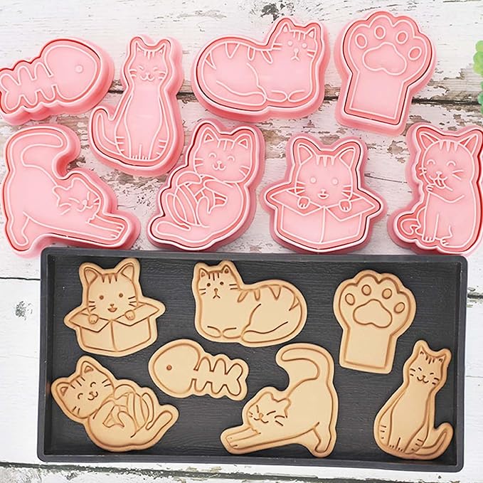 8pcs Cat Cookie Cutters Set, 3D Cute Stamps, Cupcake Pancake Apple Pie Pastry Biscuit Molds, Fruit Sandwich Cutter, Baking Molds for Party Decorations (Cat-1)