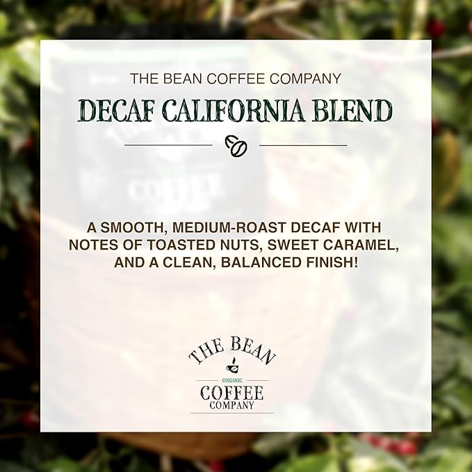 The Bean Organic Coffee Company Water Processed DECAF California Blend, Medium Roast, Ground Coffee, 16-Ounce Bag, Café Molido Tostado Orgánico descafeinado