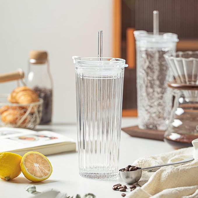 KEMORELA Ribbed Glass Tumbler with Straw and Lid – 18oz Durable Leak-Proof Drinking Cup for Hot and Cold Beverages – Stylish Design, Ideal for Iced Coffee, Smoothies, and More (2PCS-A)