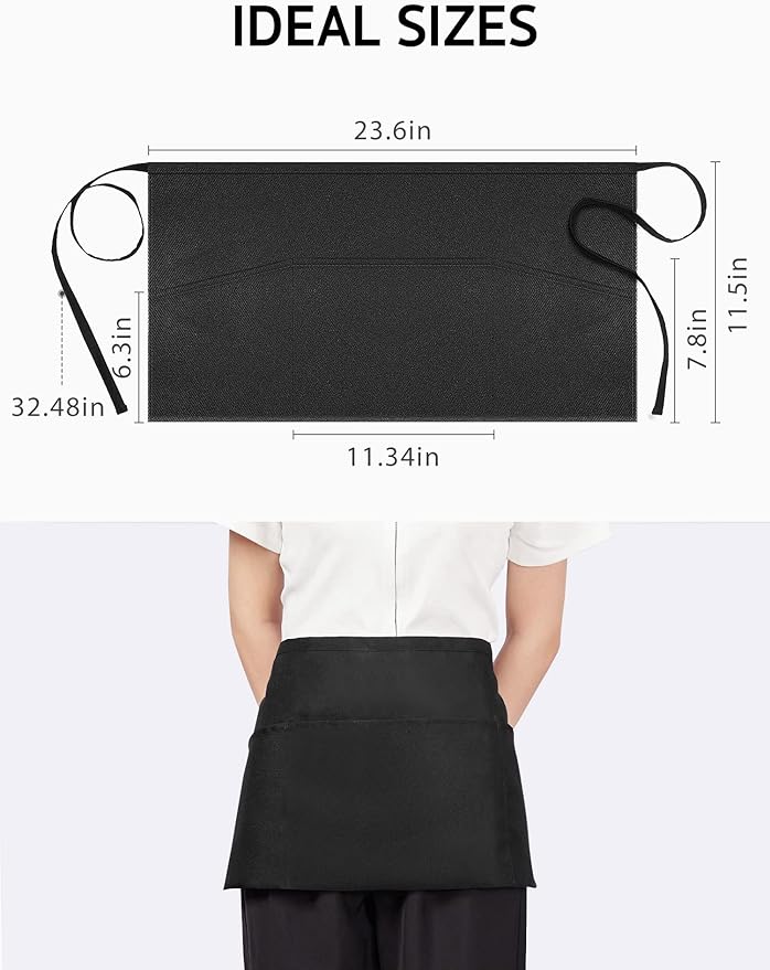 Syntus 12 Pack Server Apron with 3 Pockets, Waterdrop Resistant Waitress Waiter Waist Apron, 11.5-inch Black