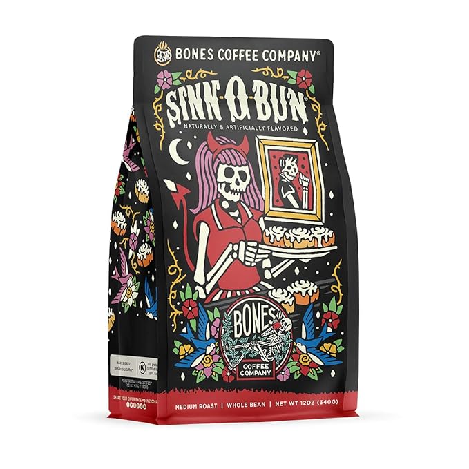 Bones Coffee Company Cinnamon Roll Flavored Coffee, Medium Roast Low Acid Arabica Beans Compatible with Auto drip and French Press Coffee Maker, 12 Oz Whole Bean