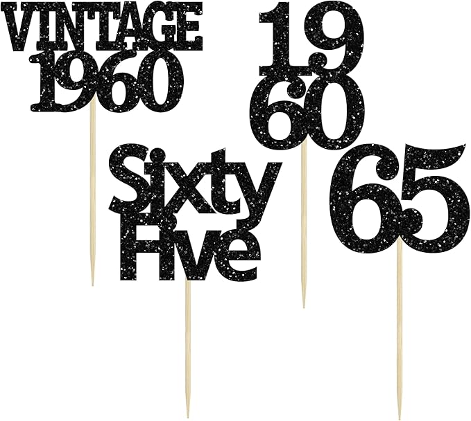 Gyufise 24Pcs Vintage 1960 Cupcake Toppers Glitter Cheers to 65 Fabulous Sixty Five Cupcake Picks 65th Birthday Wedding Anniversary Party Cake Decorations Supplies Black