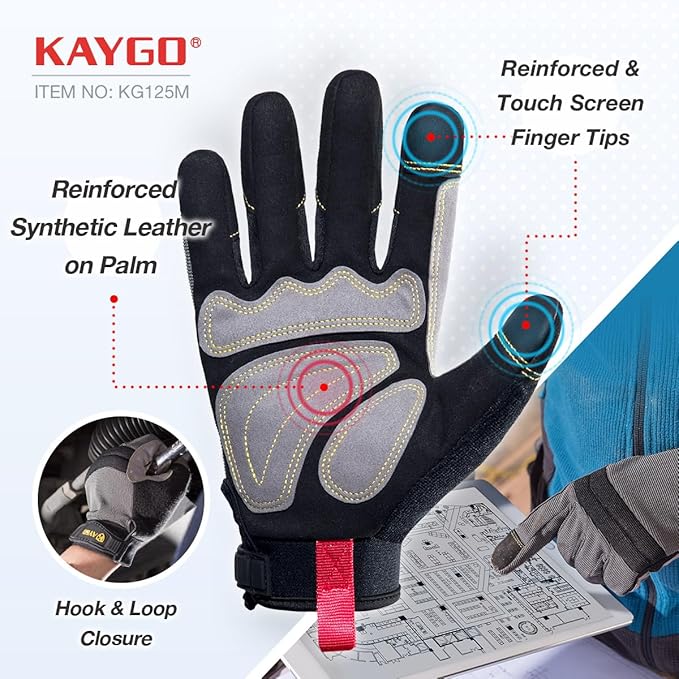 KAYGO Work Gloves For Men, KG125M Mechanic Utility Work Gloves for All Purpose, Excellent Grip, Heavy Duty, Improved Dexterity, Touch Screen,M