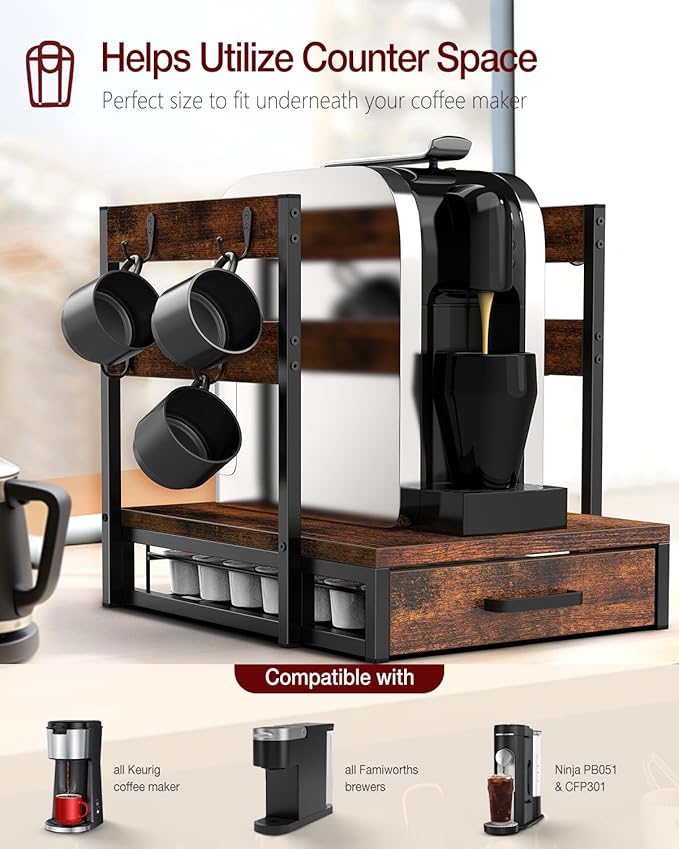 K Cup Holder, 35 Pod Capacity, Coffee Pod Holder Compatible with Keurig, Coffee Station Organizer for Countertop with Cup Rack, Rustic Brown