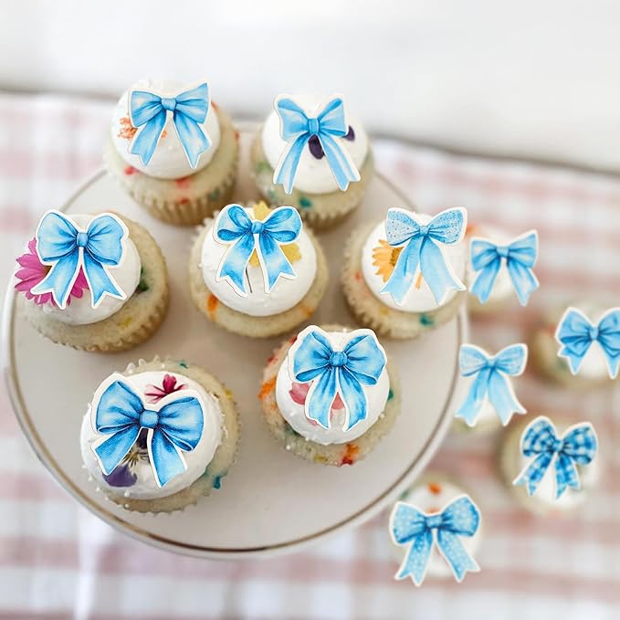 Gyufise 50Pcs Edible Blue Bowknot Cupcake Toppers Wafer Paper Bowknot Cake Dessert Picks Baby Shower Princess Cupcake Toppers for Birthday Party Decoration Supplies