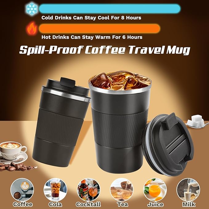 Vacuum-Insulated Stainless Steel Travel Coffee Mug, Leak-Proof Reusable Coffee Cup with Lid - Keep Hot & Cold Drinks for Hours, Durable Thermos Tumbler for Men & Women (3rd-Black, 17OZ)