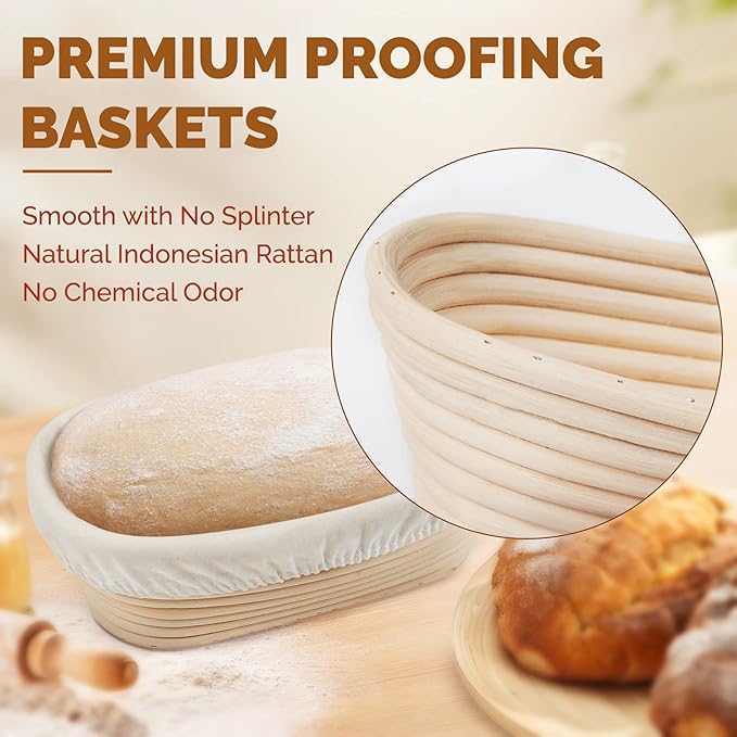 Rorecay Banneton Bread Proofing Baskets Set of 2, 10 Inch Oval Cane Sourdough Bread Rising Basket Bowls with Sourdough Bread Lame Dough Scraper Basting Brush for Sour Dough Proofing Fermentation