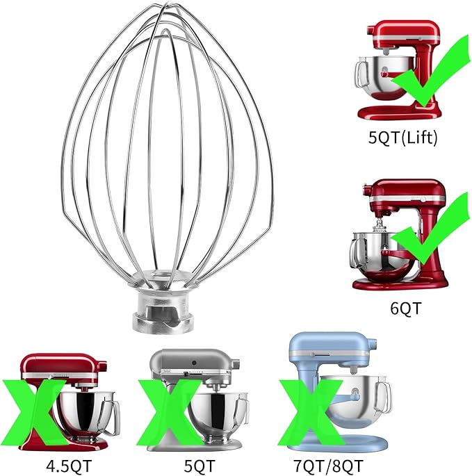 6 Wire Whisk Attachments Compatible with KitchenAid 5-6Quart Mixer, Bowl Lift Stand Mixer Accessories, 6-Quart Stainless Steel Whisk, Egg Cream, Cake Mayonnaise, For Multiple Models
