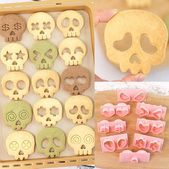 Mini Skull Cookie Cutter Set, Interchangeable DIY Halloween & Día de los Muertos Biscuit Stamps, 3D Raised Design Molds for Cookie Decorating, Cupcakes, Day of the Dead Pastries & Party Treats