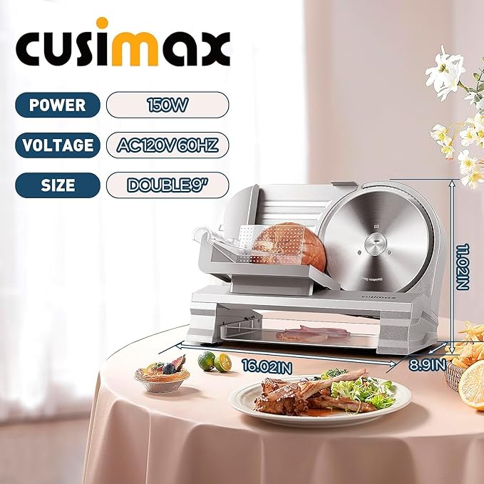 CUSIMAX Meat Slicer for Home with 1-20mm Adjustable Thickness，Electric Deli Slicer for Food Tray,Two 9" Stainless Steel Blades and Removable Food Carriage,Easy for Cut all Foods
