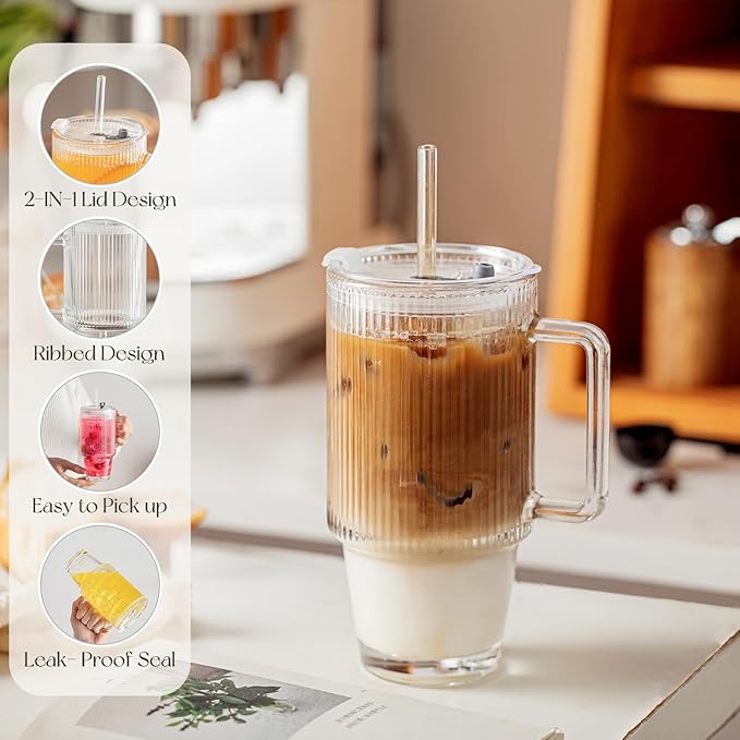 KEMORELA 6-Pack 24oz Glass Cups with Lids and Straws, Ribbed Textured Tumblers with Handle, Reusable Clear Drinking Glasses for Iced Coffee, Bubble Tea, Dishwasher Safe, Drinkware Set