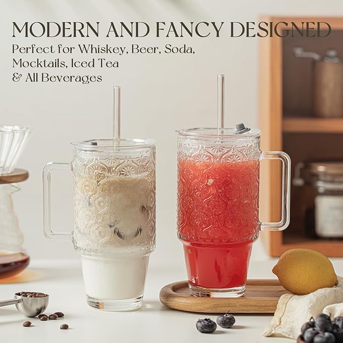 KEMORELA 6-Pack 24oz Glass Tumblers with Straws & Lids, Begonia Floral Iced Coffee Cups with Handles, Reusable Smoothie Glasses, Dishwasher Safe Cold Drinkware Set, BPA-Free Straws Included