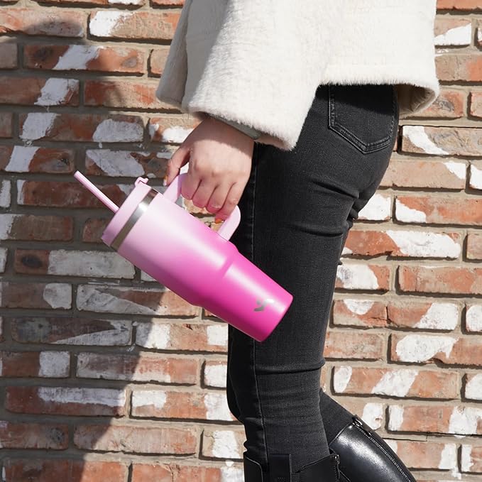 30 oz Tumbler with Handle and 2 Straws,2 in 1 Lid Insulated Water Bottle Stainless Steel Travel Coffee Mug,Macaron Green
