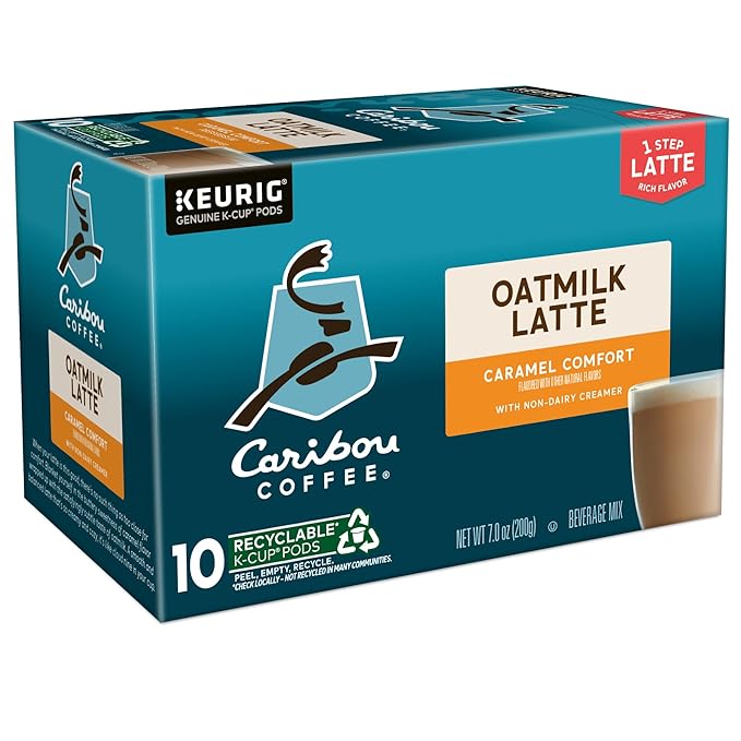 Caribou Coffee Caramel Comfort Oatmilk Latte, One Step Latte Single Serve Keurig K-Cup Pods, 60 Count (6 Packs of 10)