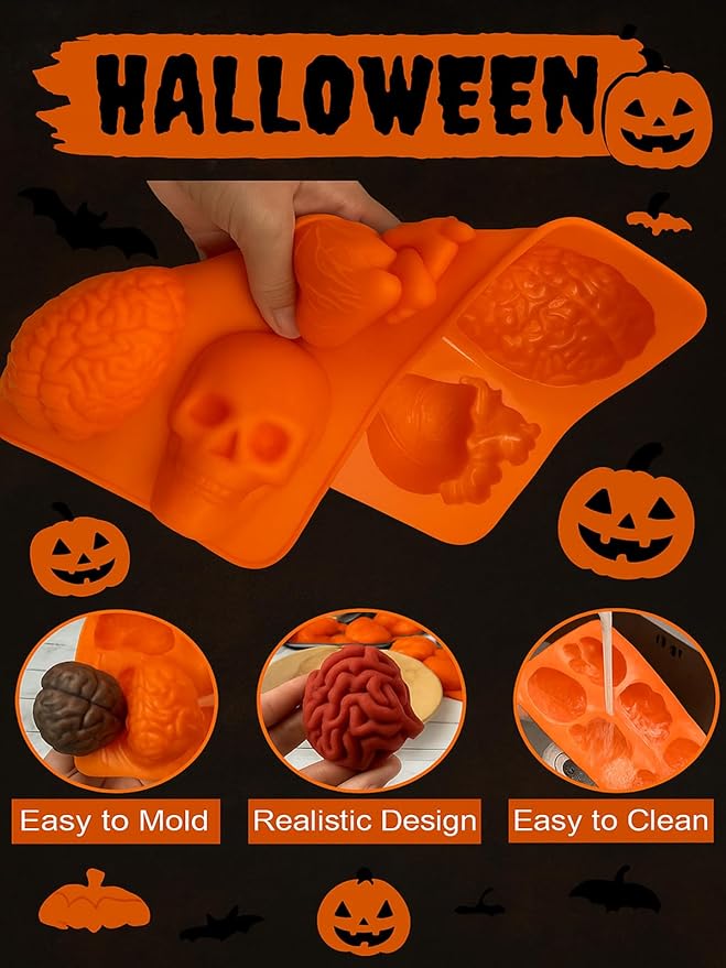 Halloween Silicone Molds & Gothic Chocolate Molds - 3D Skull, Heart, and Brain Halloween Baking Mold for DIY Cake, Chocolate, Jello, Ice Cube, Soap, Resin, and Candle Halloween Decorations