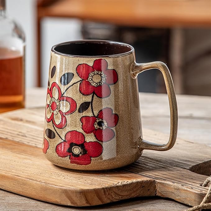 Large 24 oz Ceramic Coffee Mug with Handle, Vintage Floral Coffee Cup, Extra Big Tea Cup for Office and Home, Dishwasher and Microwave Safe, Khaki with Red Flower