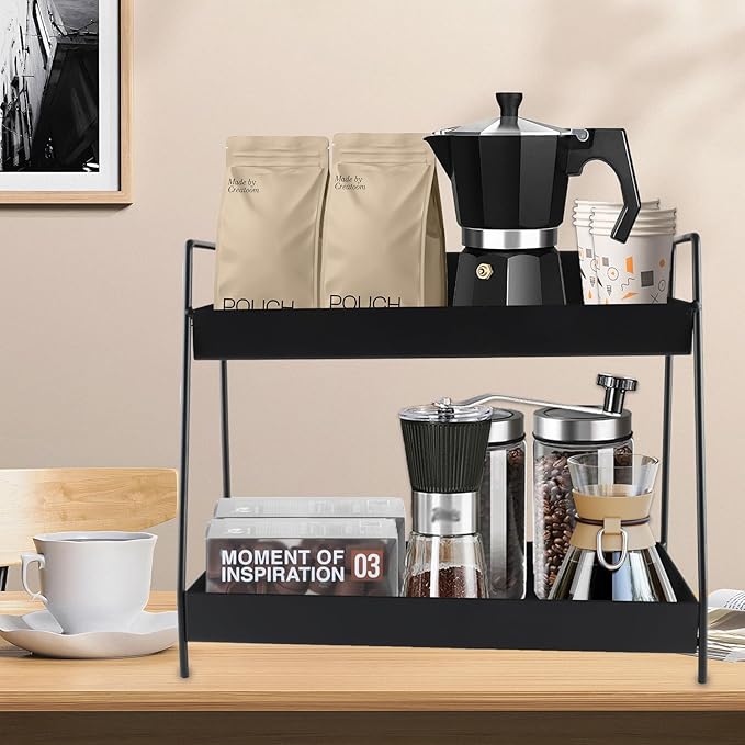 Countertop Coffee Bar Organizer,2 Tier Metal Coffee Pod Holder with Handles,Tea Bag Condiment Snack Organizer,Mug Holder for Kitchen,Bathroom,Office,Black