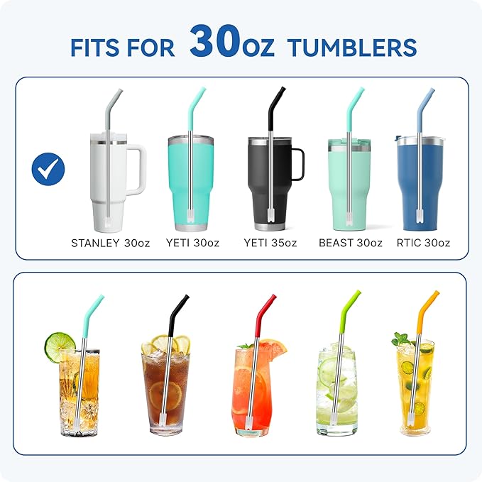 Reusable Metal Straws with Silicone Tip for Stanley 30oz,Stainless Steel Drinking Straws for 30oz Tumbler,3 Straight Tubes & 6 Tips& 1 Cleanr Brush (Tropical Teal)