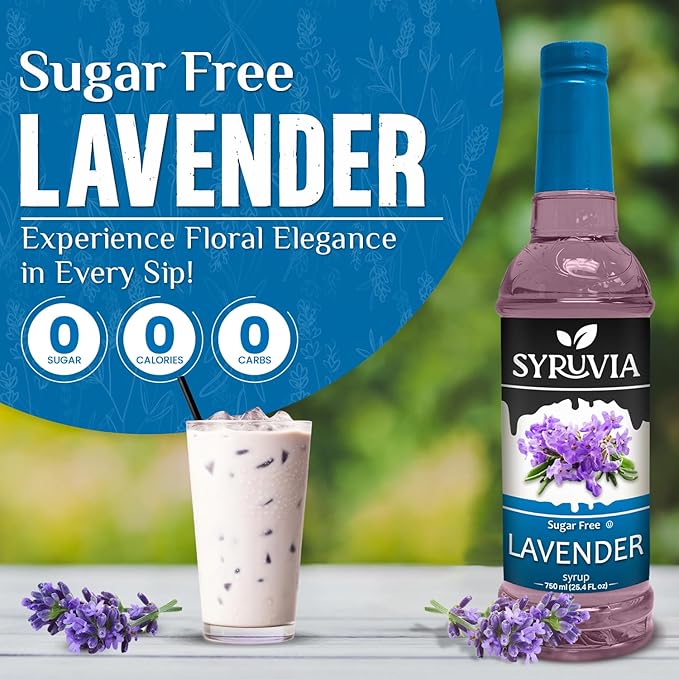Syruvia Sugar Free Coffee Syrup, Lavender Flavored Syrup for Drinks, Lattes, and Desserts – 25.4 fl oz, With Pump