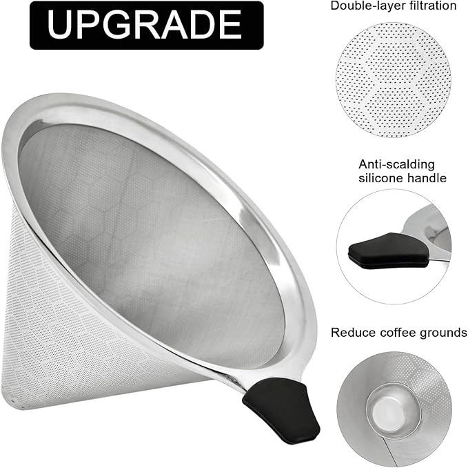 Pour Over Coffee Filter Compatible with Chemex & Hario V60 02 03, Reusable Stainless Steel Metal Cone Slow Drip Coffee Filter, 2-4 Cups Coffee Pour Over Dripper Filters