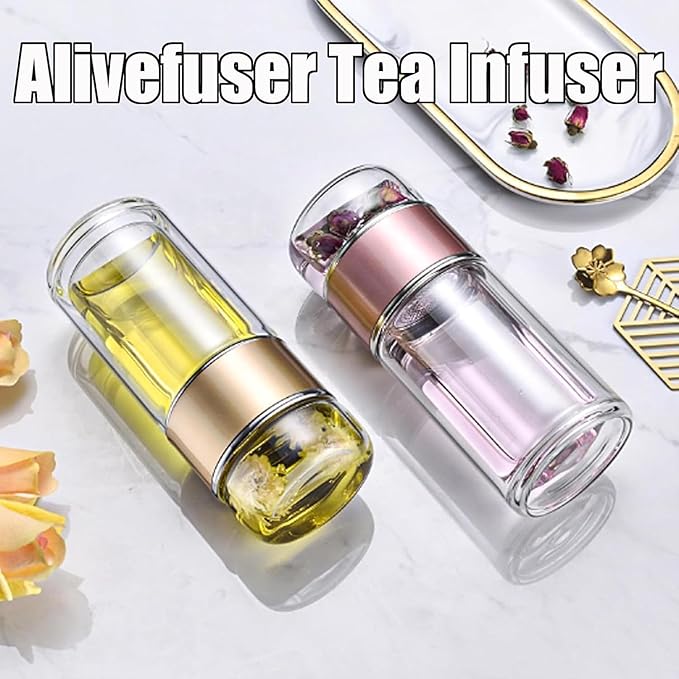 Tryteava Glass Infuser, Tryteava 3-in-1 Smart Tea Infuser, Portable Glass Double Wall Tea Infusers Bottle, with Stainless Steel Filter, Hot & Cold Brew, For Loose Leaf, Office Home (Silver, 420ml)