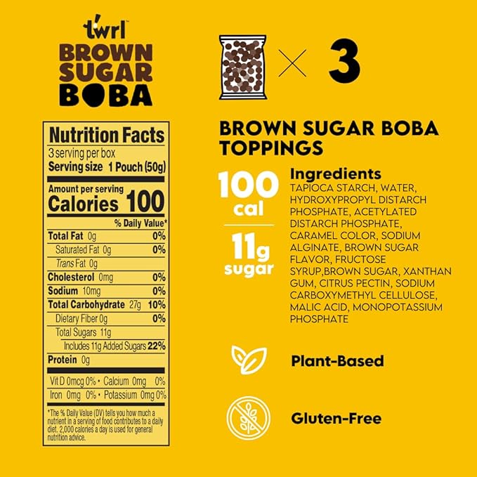 Twrl Brown Sugar Boba Bubble Tea Topping - Taiwanese Boba Pearls, Cafe-Style Tapioca Topping, Instant - Perfect for Milk Tea and Coffee, Gluten-Free, Plant-Based - Pack of 3 Single Servings & 3 Boba Straws