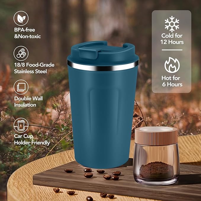 Volhoply 12 oz Double Wall Insulated Vacuum Travel Coffee Mug with Flip Lid Bulk 4 Pack,Reusable Stainless Steel Leak Proof Coffee Cups,Portable Cafe Thermal Tumbler for Hot & Cold Drinks(Bule,4 Set)
