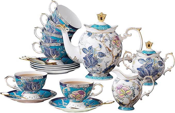 ACMLIFE Tea Sets for Adults for 6, Blue Tea Set with Cups, Fine Bone China 24K Gold, Tea Pot and Cups Set, Vintage British English Porcelain Afternoon Service Sets for Women Tea Party for Luxury Gift