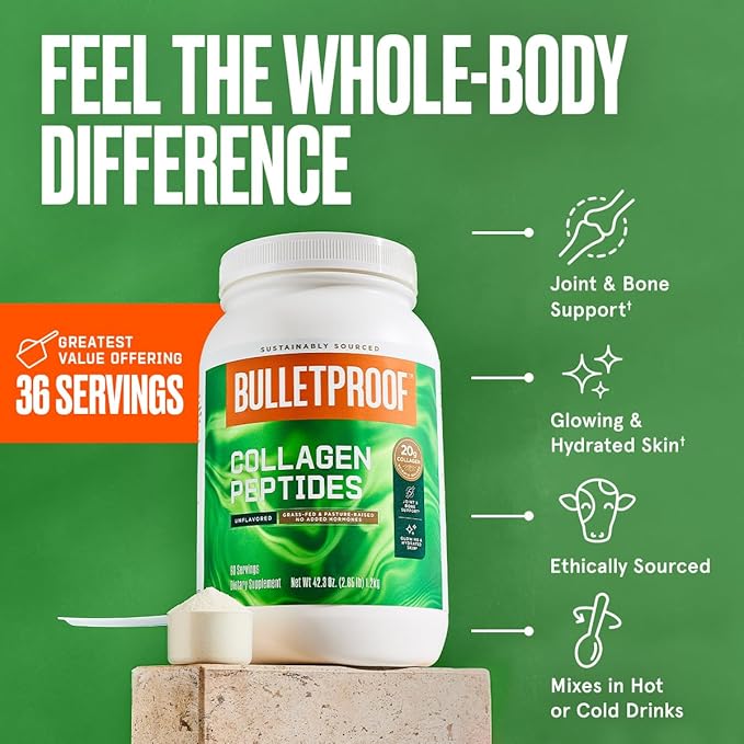 Bulletproof Unflavored Collagen Peptides Powder, 42.3 Ounces, Grass-Fed Collagen Protein and Amino Acids for Skin, Bones and Joints, Packaging May Vary