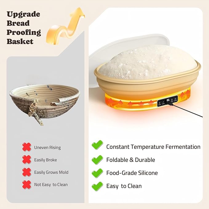 Heating Complete Sourdough Starter Kit, 4L Electric Thermostatic Silicone Oval Foldable Banneton Bread Proofing Basket with 6 Timer & Temp Settings for Dough Rising, Dishwasher Safe, Bread Making Kit