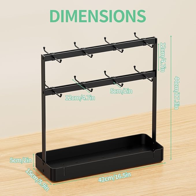 Coffee Mug Holder with 16 Movable Hooks, Metal Coffee Cup Holder for Countertop, 2 Tier Mug Rack with Storage Shelf for Kitchen Office Coffee Mug Rack