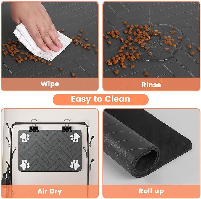 Pet Feeding Mat-Absorbent Pet Placemat for Food and Water Bowl, with Waterproof Rubber Backing, Quick Dry Water Dispenser Mat for Dog and Cat (12"x20", Striped Dark Gray)