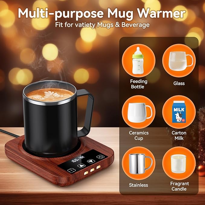 Coffee Mug Warmer & Mug Set for Desk, 36W Electric Coffee Cup Warmer with 16oz Cup, 9 Temp Settings, 1-12H Timer Auto Shut Off Heated Mug Plate, Home Office Desk Accessory, Gifts for Women Men, Wood