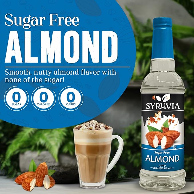 Syruvia Sugar Free Coffee Syrup, Almond Flavored Syrup for Drinks, Lattes, and Desserts – 25.4 fl oz