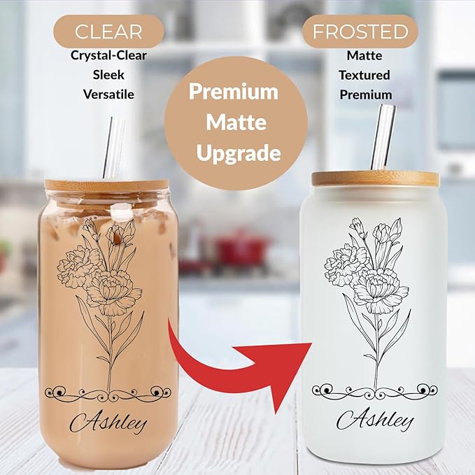 Mason Life Personalized Glass Cup with Name-Can Shaped Glass with Lids and Straws-18OZ Iced Coffee Cups (Birthflower)