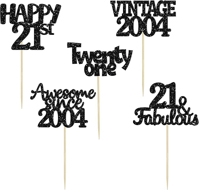 Gyufise 30pcs Vintage 2004 Cupcake Toppers Glitter Twenty-One Happy 21st Cupcake Picks Fabulous Anniversary Party Supplies Black