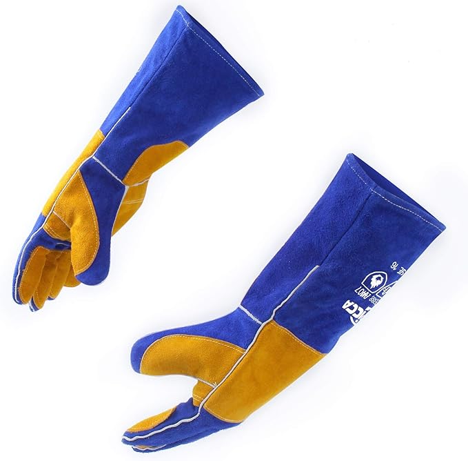 Welding Gloves Fire Heat Resistant: Blue 16IN 932℉ - Fireproof Leather For Stick Mig Flux-Core Welder Forge Blacksmith Fireplace Wood Stove Fire Pit Grill Oven Furnace Handling Dry Ice - Birthday Gift