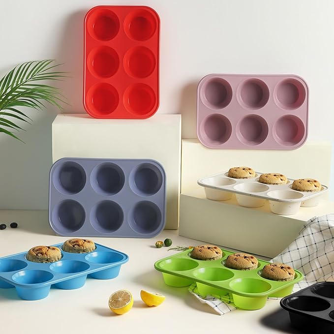 2 Pack 6 Cups Jumbo Muffin Pan with Metal Reinforced Frame Silicone Molds Cupcake Cake Baking Pans Oven Safe Silicone Molds Cookie Muffin Pan Tin Best Baking Sheets Non Toxic Clearance
